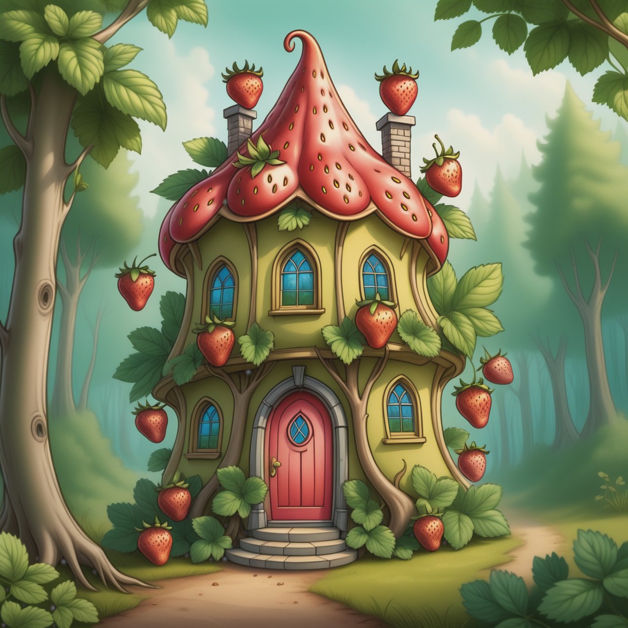 <lora:crt-000007:0.8>  ultra realistic colored pencil illustration of a fantasy strawberry house, strawberry with windows and door, fantasy forest, coloring book, f/22, wide depht of field, sharp detailes, clean background