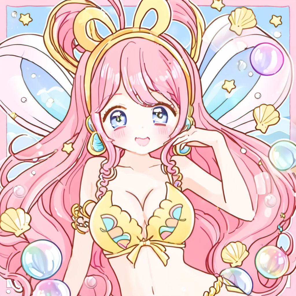 <lora:cartoon_stickers_xl_v1:0.8>,a cartoon character with pink hair and a pink outfit with a butterfly on her head and a pink tail, 1girl, solo, long_hair, breasts, looking_at_viewer, blush, open_mouth, bangs, blue_eyes, large_breasts, hair_ornament, navel, cleavage, swimsuit, upper_body, pink_hair, heart, bikini, midriff, tears, star_\(symbol\), hands_up, wavy_mouth, crying, monster_girl, crescent, bubble, crying_with_eyes_open, yellow_bikini, mermaid, shell, hagoromo, seashell, shell_bikini, medium_breasts, very_long_hair, collarbone, hair_rings, rainbow