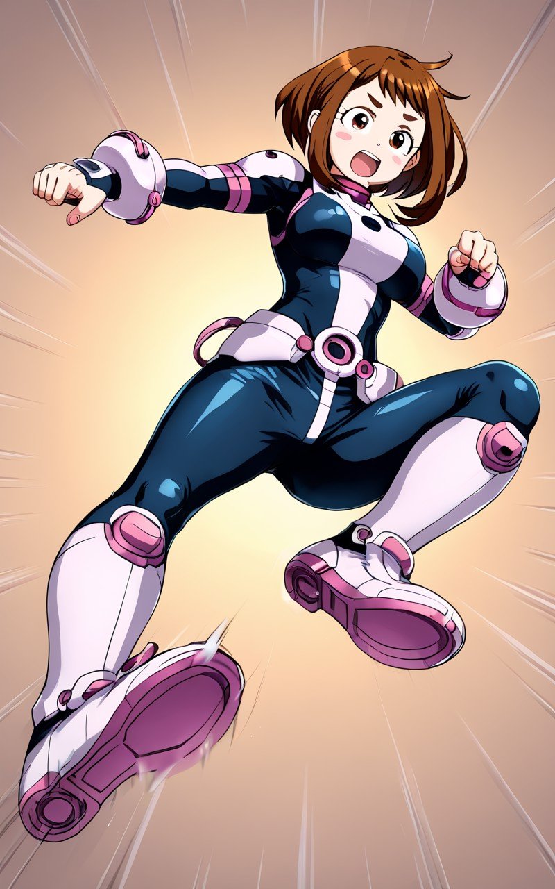 <lora:_sdxl-jumpinkick-pony:0.8> jumpinkick, florting hair, speed lines, motion blur, battlesuit  <lora:sdxl-mha-ochako-pony:0.8> uraraka ochako, ochacos