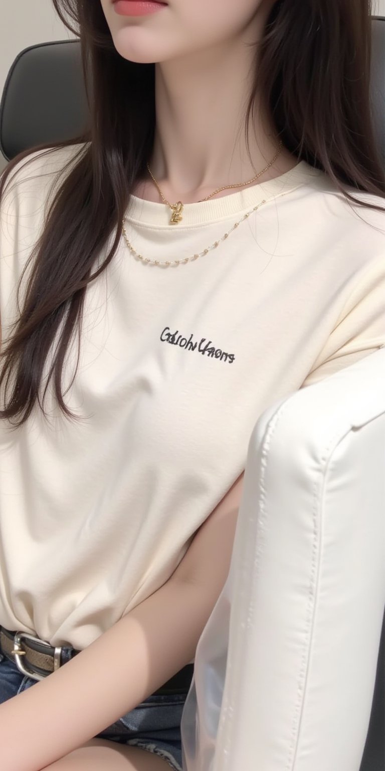 XSHDHa close-up shot of a woman's upper torso is seen. She is wearing a cream-colored short-sleeved t-shirtadorned with a black and white striped designand a gold necklace. Her longdark brown hair is cascading down her backadding a pop of color to her outfit. The woman's left arm is resting on a white seatwhile her right arm rests on a black seat. The word "Calvin Klein" is embroidered in black on the right side of her shirt. <lora:lora.by_tusi (7):1>