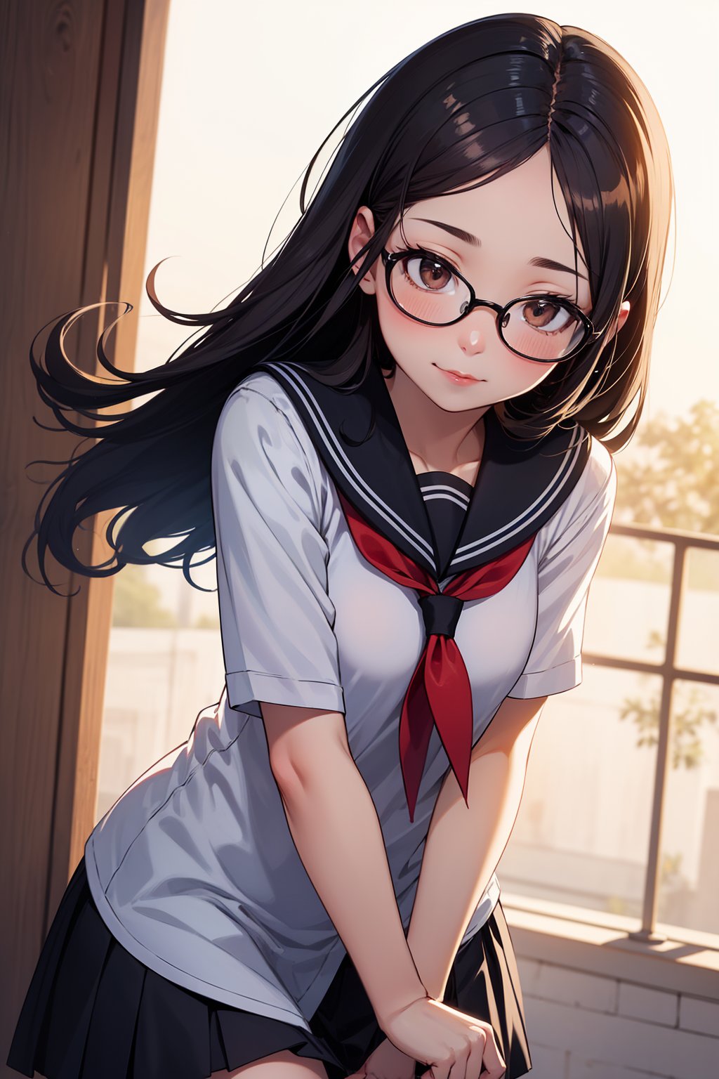 best quality, masterpiece, ultra high res, RAW photo1girl,,solo,, school uniform,serafuku, brown_eyes, black_hair, straight hair, lips,  (forehead:1.3),cute, medium breasts, plump,petite,loli,glasses,,closed mouth, convergent strabismus, bashful, shy, blushing,BREAKmorning,Cheerfully greeting everyone, Simple background,Model shooting style