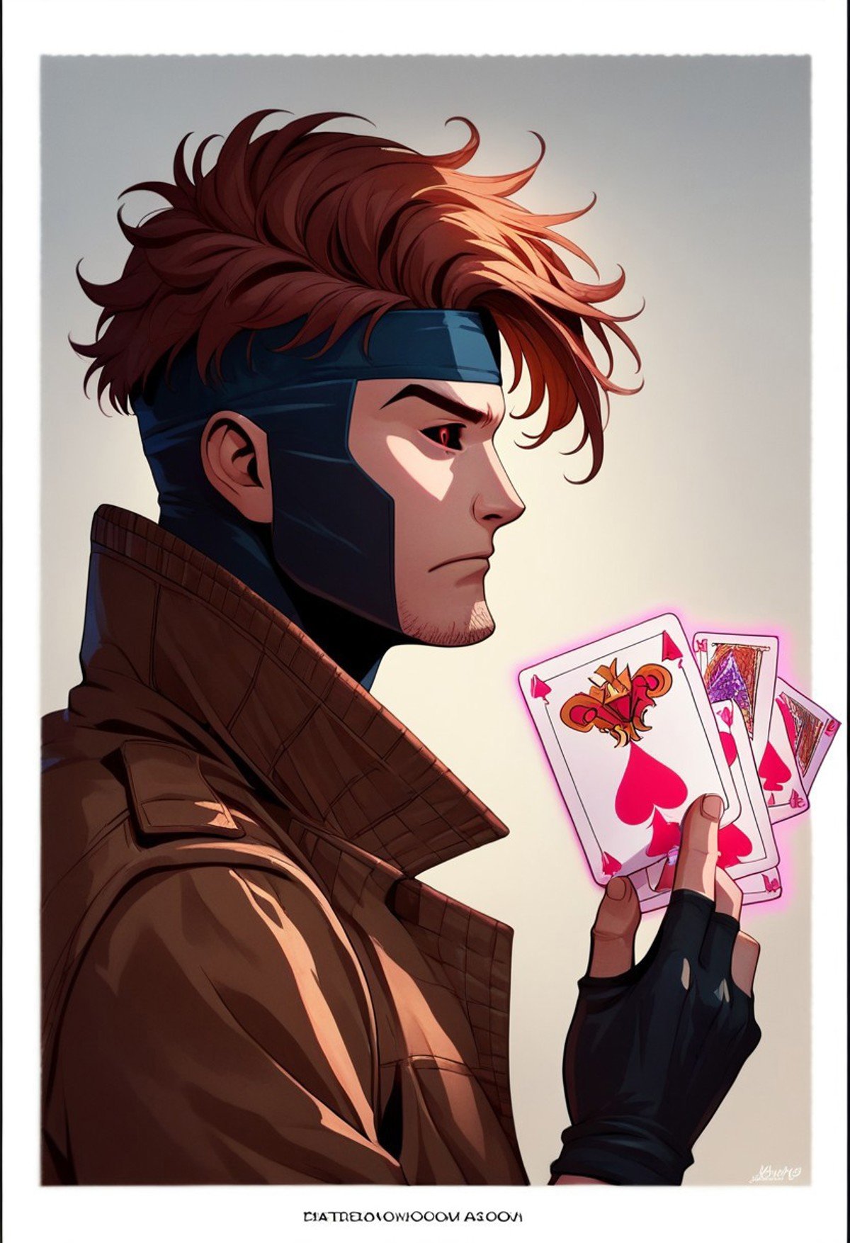 Dsk_Remy_Lebeau, 1boy, auburn hair, black sclera, border, brown jacket, card, colored sclera, facial hair, fingerless gloves, gloves, headband, holding, holding card, jacket, male focus, portrait, red eyes, short hair, profile, from the side, solo, detailed eyes, extreme light and shadow, portrait photography, cinematic lighting, cinematic angle, score_9, score_8_up, score_7_up, score_6_up, score_5_up, score_4_up,