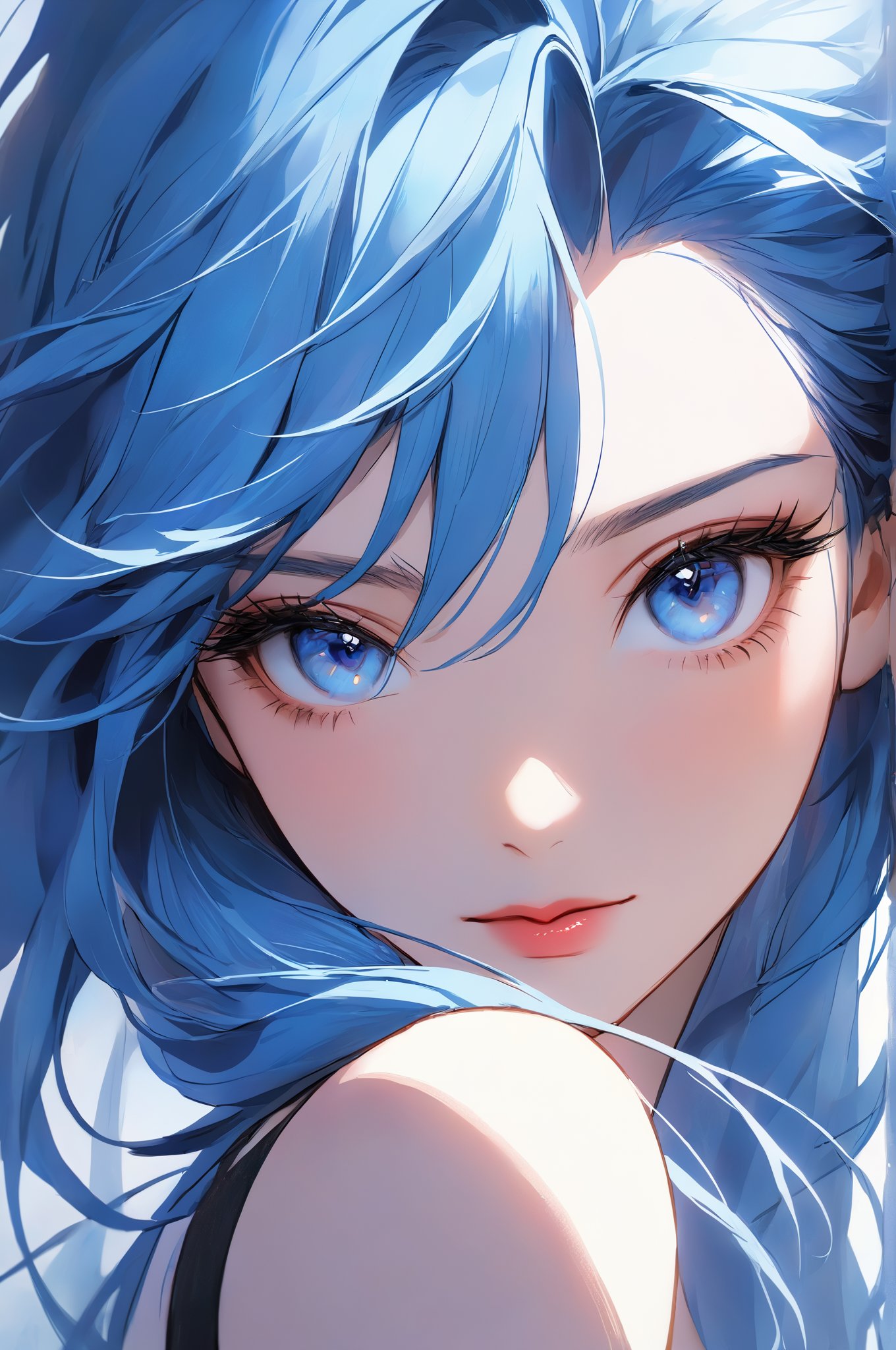 1girl, solo, long hair, looking at viewer, open mouth, blue eyes, bare shoulders, blue hair, collarbone, upper body, lips, eyelashes, portrait