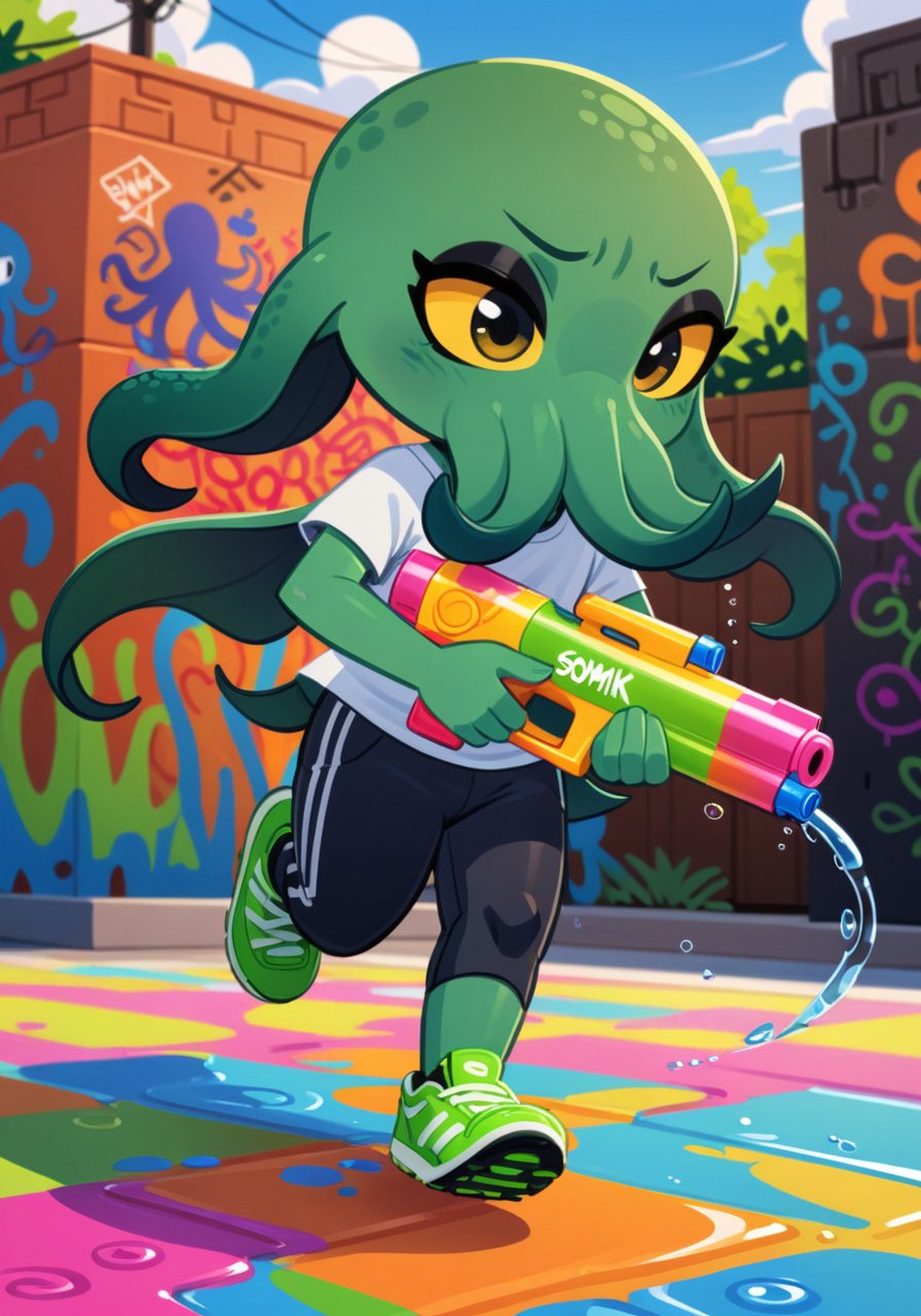 solo chibi (cthulhu:1.3), (inkling:0.65) black eyeshadow, yellow sclera, three-quarter portrait, action pose, holding big water gun, running, white shirt, sport pants, headphones, green shoes, BREAK, splatoon, cthulhu mythos, by Alex Katz, by Mary Blair, by Somik, detailed background, detailed foreground, depth of field, ambient silhouette, backlighting, colorful water, graffiti backyard, graffiti floor, plant, summer day, cloud