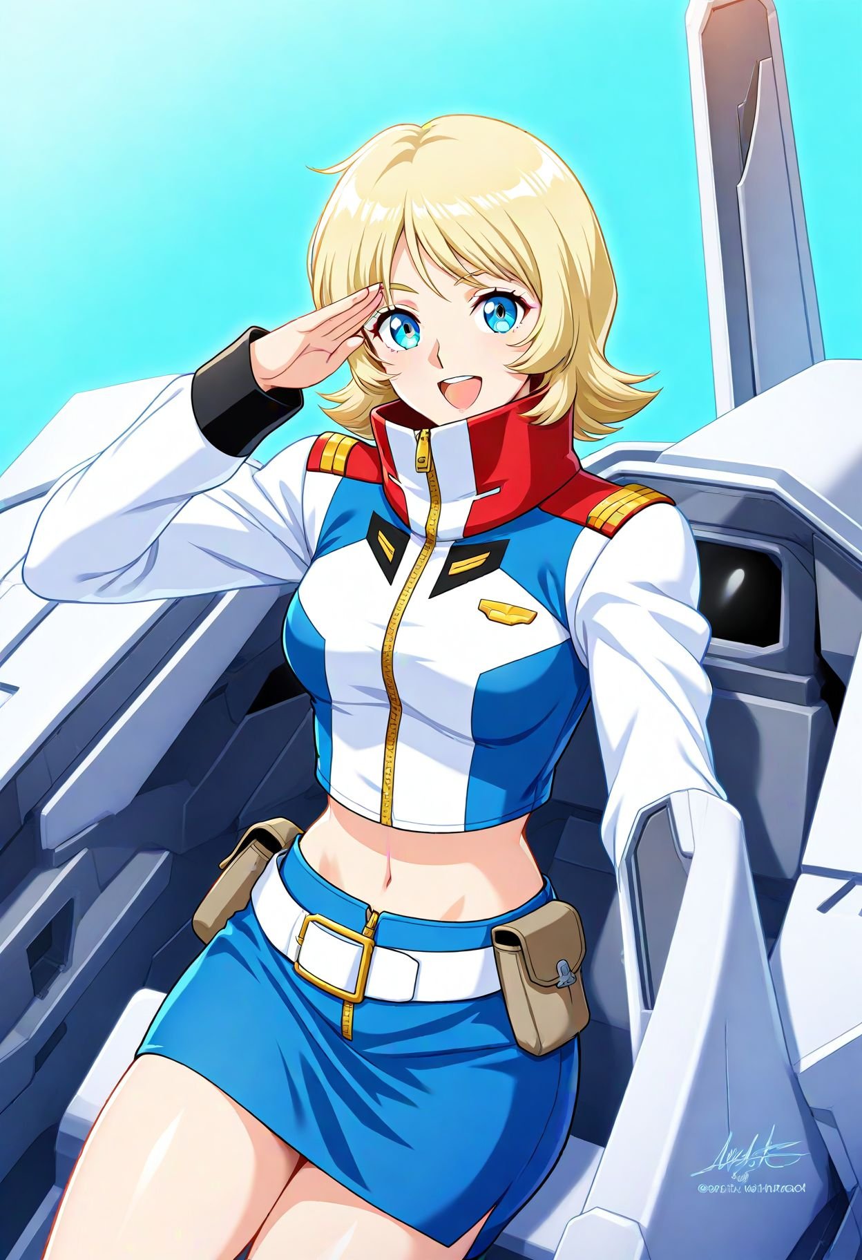 1girl, sayla mass, gundam,  pencil skirt, pilot suit, artist name, open mouth, science fiction, genderswap \(mtf\), unworn helmet, military uniform, signature, aqua background, robot, mecha, blonde hair, helmet, zipper, high collar, pouch, short hair, 2020, :d, skirt, crop top, unworn headwear, blue eyes, genderswap, uniform, smile, cockpit, salute, long hair, belt, masterpiece, best quality, absurdres, safe