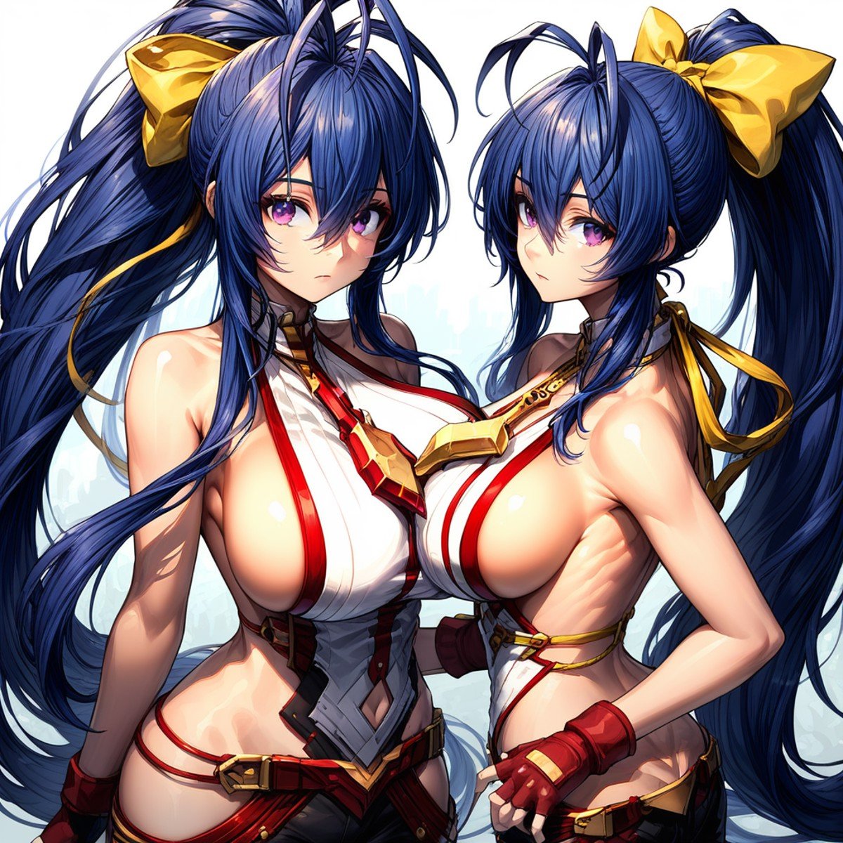 purple eyes, blue hair, long hair, antenna hair, ponytail, hair between eyes, very long hair, yellow ribbon, large breast, sidelocks, bare shoulders, backless outfit, necklace, sideboob, fingerless red gloves, revealing clothes, white halter top with red trimming, black lowleg pants, hip vent,