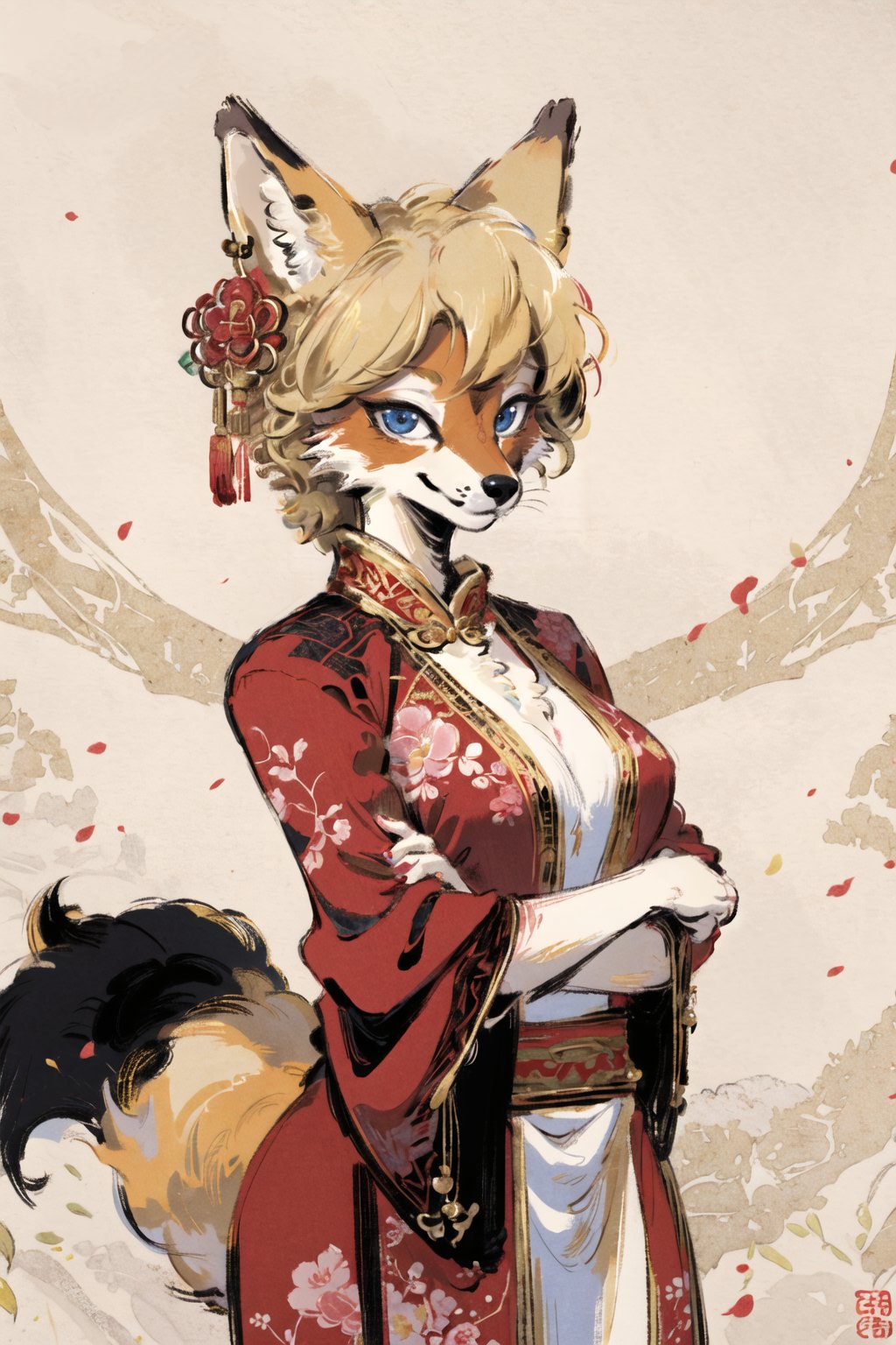 masterpiece,highres,furry fox girl,solo,blonde,chinese dress, hair ornament, anicent chinalooking at viewer, 