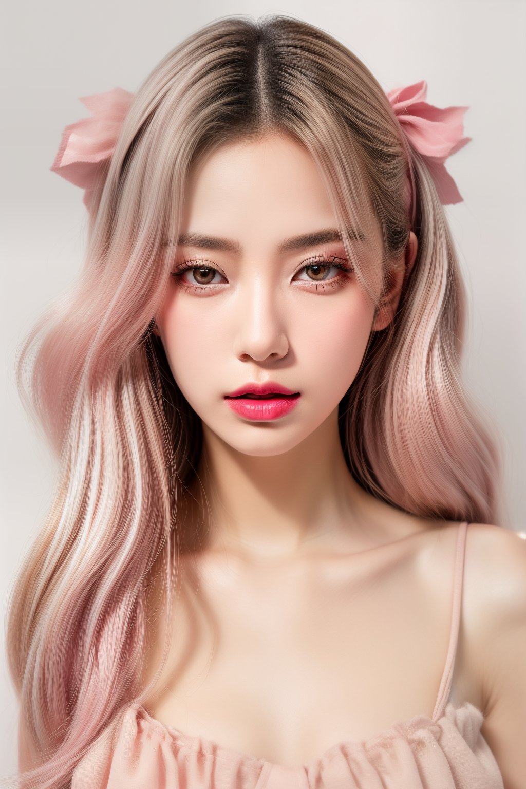 (fashion photography:1.3),(sweet:1.2),((nail polish, eyeliner, eyelashes, lipstick, makeup)),The girl has long,(wavy hair with a mix of pink and white colors:1.1),which gives off a soft and whimsical vibe. They are wearing what appears to be a light-colored,possibly pink,top with a ruffled neckline. The person is also adorned with accessories that include a headband with a bow and what looks like a feather or a decorative element on the side. The overall aesthetic is very cute and playful,with a focus on pastel colors and a fantasy-like quality. The background is simple and does not distract from the subject,which is the person's face and upper body,<lora:add_detail 3:1>,<lora:pcm_sd15_normalcfg_8step:1>,