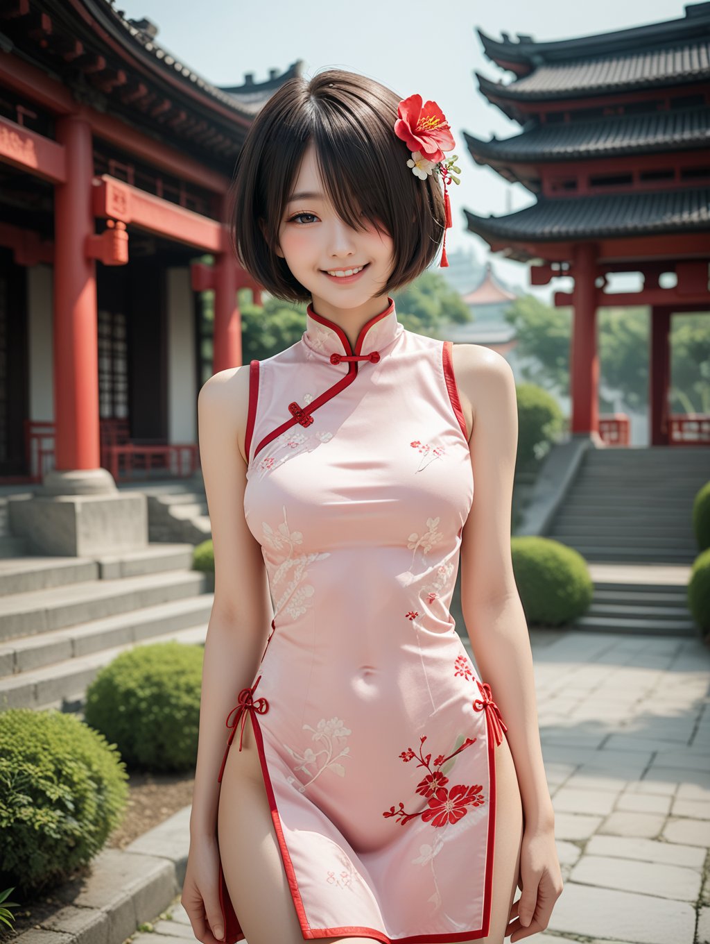 score_9, score_8_up, score_7_up,source_real,rating_explicit,BREAK1girl, cowboy shot, looking at viewer, smile, half-closed eyes, blush,, short hair, hair flower, hair over one eye, china dress, medium breasts, sleeveless, temple, outdoors