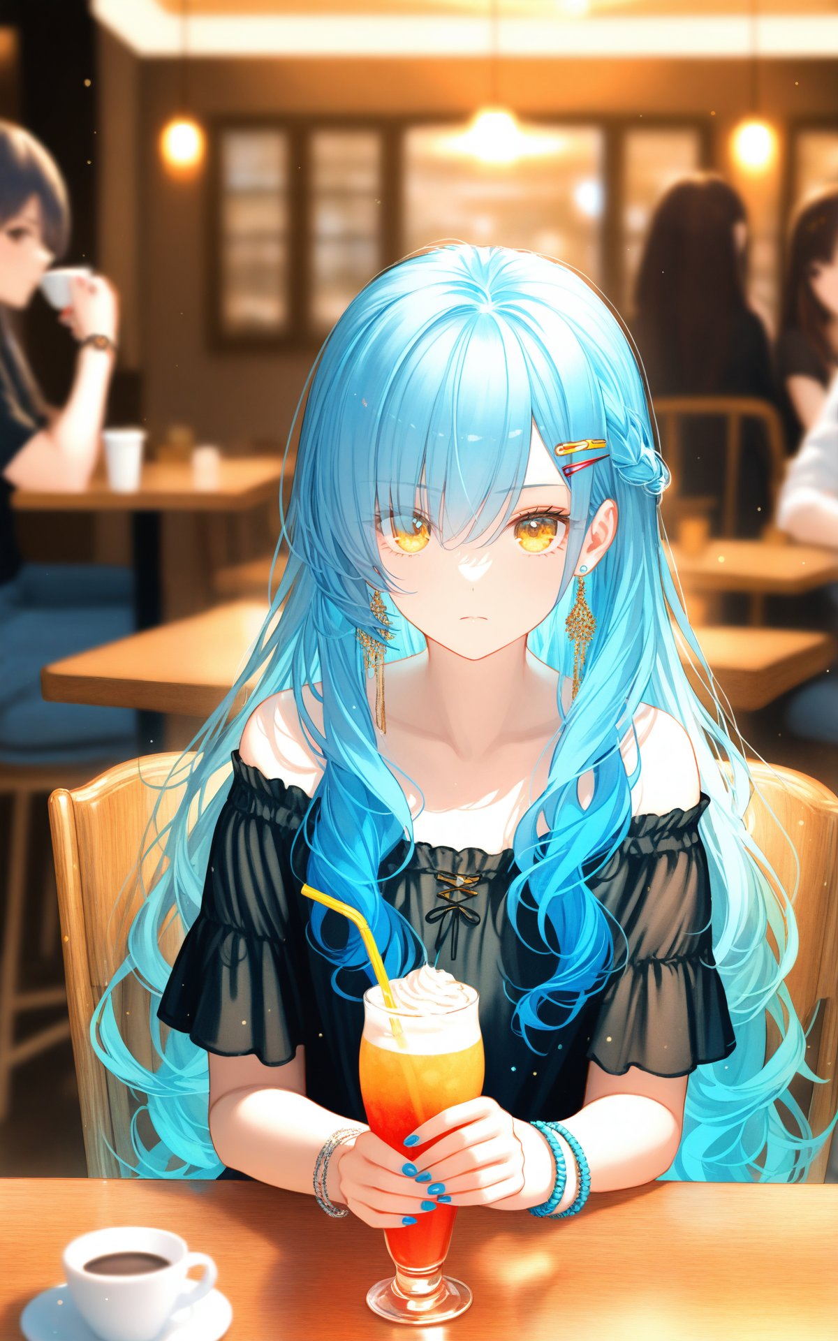 (masterpiece),(best quality),illustration,ultra detailed,hdr,Depth of field,(colorful),(chromatic aberration),hair ornament,cafe,shirt,sitting,long hair,blue nails,drinking straw,closed mouth,yellow eyes,off-shoulder shirt,solo focus,multiple girls,jewelry,holding,indoors,eyelashes,blue hair,collarbone,nail polish,cup,earrings,hairclip,casual,off shoulder,blurry,hair between eyes,straight-on,table,braid,blurry background,looking at viewer,bare shoulders,holding cup,eyes visible through hair,gradient hair,black shirt,frilled shirt,restaurant,frills,multicolored hair,3girls,yellow shirt,fingernails,bracelet,chair,very long hair,drinking glass,frown,1boy,short sleeves,drink,food,sidelocks,wavy hair,plant,