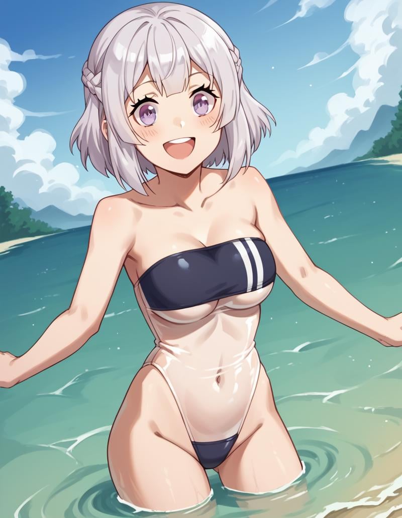 score_9, score_8_up, score_7_up, source_anime, <lora:farming-isekai-hakuren-s1-ponyxl-lora-nochekaiser:1>, hakuren, short hair, purple eyes, braid, grey hair,, <lora:gris-swimsuit-ponyxl-lora-nochekaiser:1>, gris swimsuit, see-through one-piece swimsuit, strapless one-piece swimsuit, double verticle stripe, highleg swimsuit, covered navel, see-through, strapless, underboob,, outdoors, beach, submerged, water, blush, smile, open mouth, , cowboy shot, dutch angle