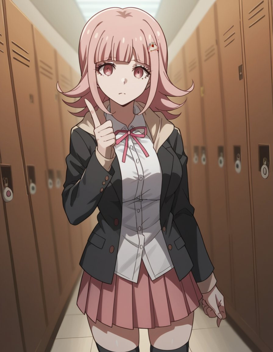 score_9, score_8_up, score_7_up, source_anime, <lora:chiaki-nanami-s2-ponyxl-lora-nochekaiser:1>, chiaki nanami, blunt bangs, pink hair, hair ornament, medium hair, pink eyes, large breasts,, black shirt, black jacket, jacket, long sleeves, neck ribbon, open clothes, open jacket, over-kneehighs, pink ribbon, pleated skirt, ribbon, shirt, skirt, thighhighs, two-tone shirt, white shirt,, school hallway, lockers, between classes, everyday life, , , hand pointing index finger, solo,, cowboy shot, dutch angle