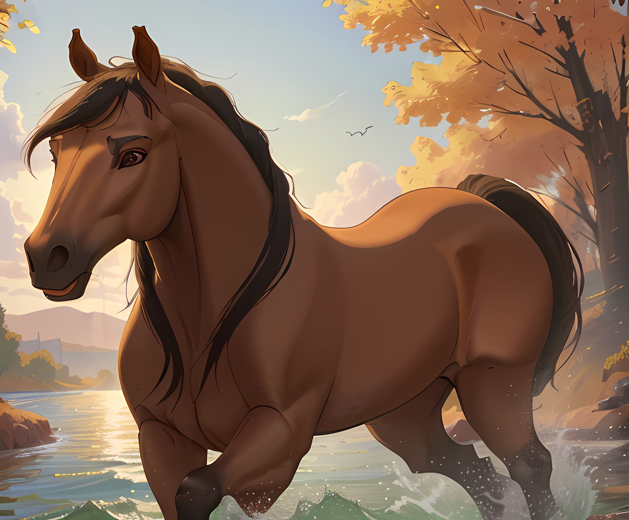 <lora:spirit2002:0.6>, 1horse, buckskin coloured horse with a black mane without white spots with a dark brown nose, a black tail, and brown eyes, running, sun shining, in the river, Soft Lighting, 8k, photorealistic, UHD, HDR, sideview, view from the side, (best quality, masterpiece)