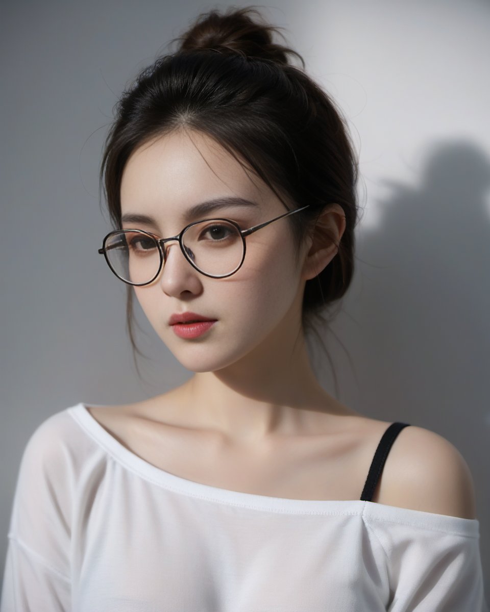 (disdain:1.5),(charming:1.5),Glasses,(Skin texture, skin particles:1.3),The corners of one's mouth turn upward,sexy,cinematic_lighting,eyes closed,Best quality,masterpiece,ultra high res,(photorealistic:1.4),1girl,offshoulder,in the dark,deep shadow,low key,(upper body:1.3),blouse,focus head,white_background,