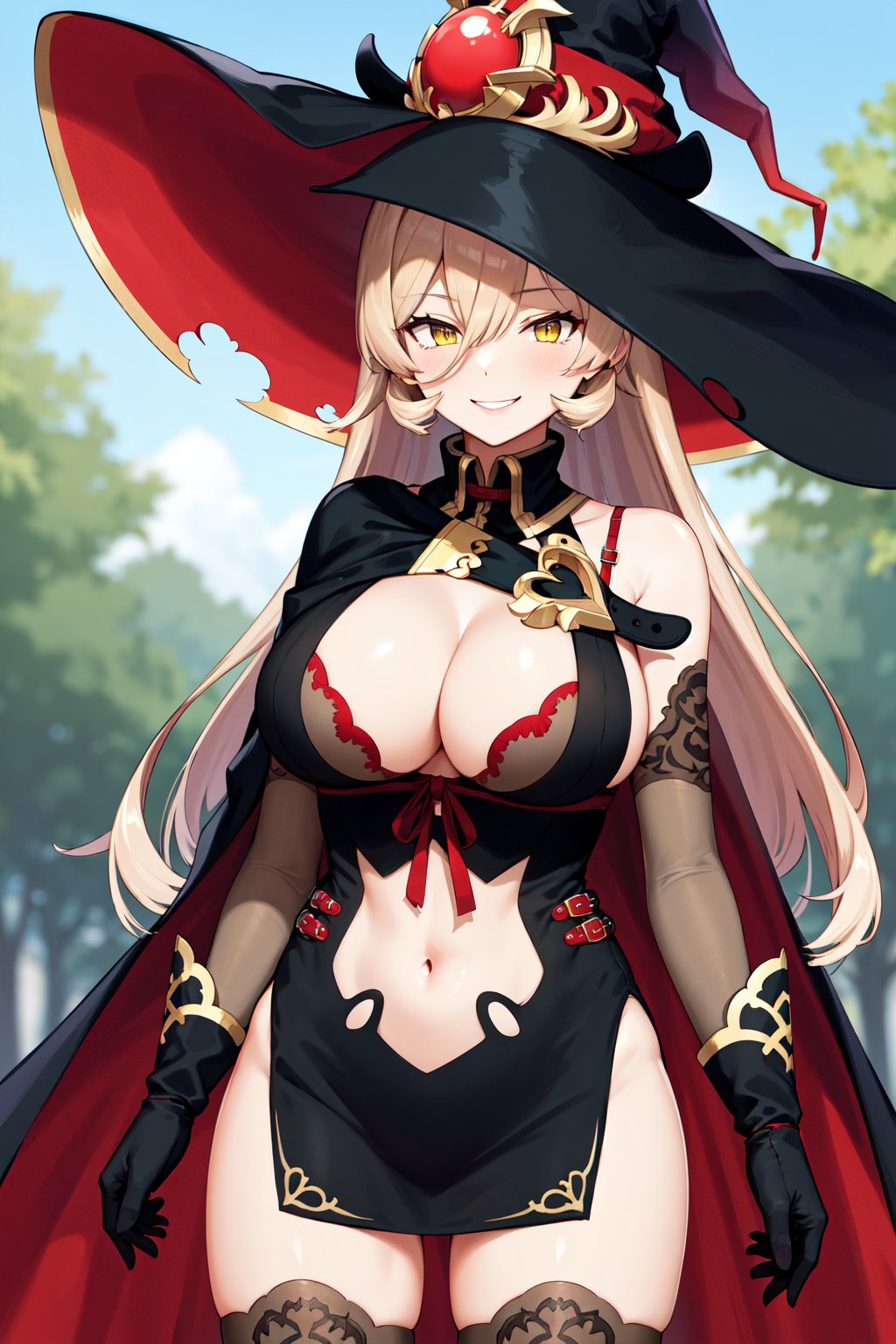 masterpiece, best quality, highres, aanui, long hair, blonde hair, hair between eyes, yellow eyes, witch hat, black headwear, cape, cleavage, bra, clothing cutout, black dress, navel cutout, elbow gloves, black gloves, black thighhighs, thigh boots, <lora:nui_sociere_v1:0.7>, standing, cowboy shot, outdoors, smile