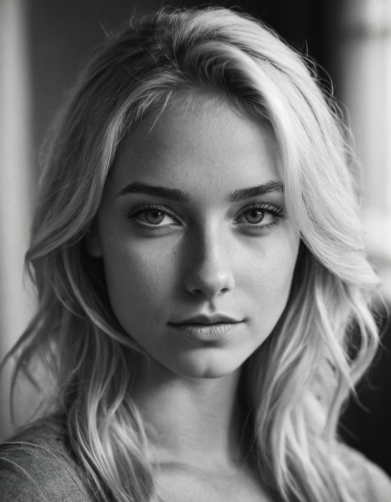 b&w, instagram photo, portrait photo of 26 y.o blonde woman, perfect detailed eyes, natural skin, hard shadows, film grain