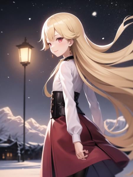 best quality, (masterpiece:1.2), illustration, absurdres,(1girl, solo), (beautiful detailed girl), from behind, ass, ass focus,<lora:Roselia-06:0.8>,  Roselia Millstein, blond hair, very long hair, red eyes, flat chest,necklace, earrings, white shirt, long sleeves, red laced corset, long skirt, red skirt, purple pantyhose,  brown boots,smile,winter, snowfall, snowy mountains, snow, snowy pine trees, freezing weather, frost, chill, wind, windy, winter , night, nighttime, starry sky, wooden fence, distant village, distant lights, lantern,