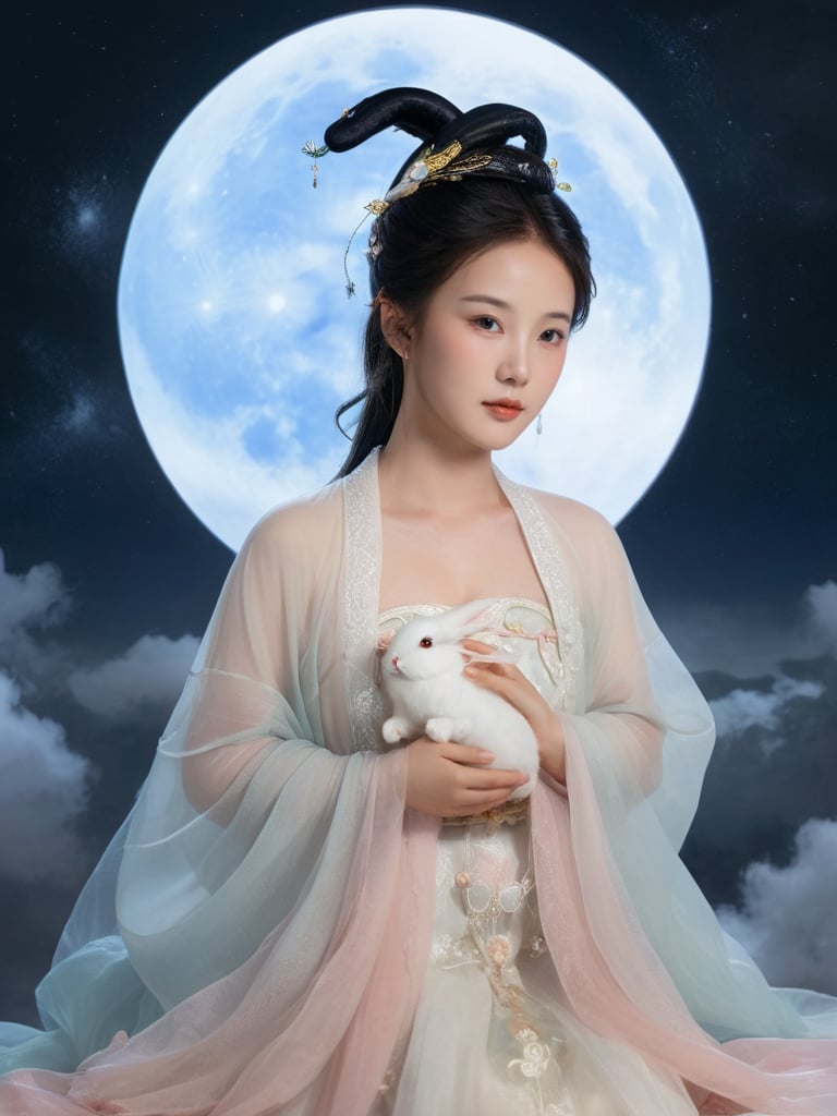 (Fairy Chang'e :1.5),Portrait of an asian girl, beautiful face, (beautiful hands:1.5), white rabbit, chinese costume, looking at the viewer, moon, big moon in the background, natural light, cinematic color, high realism, high detail, surrounded by clouds<lora:FairyChang:0.55> <lora:Beautiful_hands:0.35>