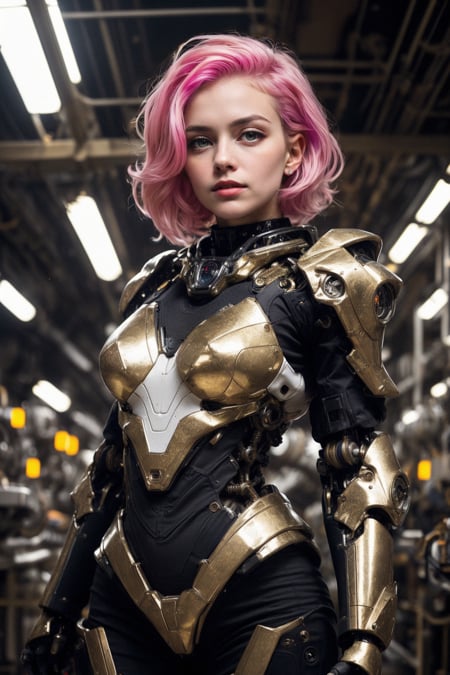 cgmech, beautiful eyes, upper body, underboob, portrait, robot,white orange armor, shimmering pink hair, neon light, 8K, RAW, best quality, masterpiece, ultra high res, colorful, (medium wide shot), (dynamic perspective), sharp focus , (depth of field, bokeh:1.3), extremely detailed eyes and face, beautiful detailed eyes,large breasts,(black gold, trimmed gear:1.2),(In a futuristic weapons factory:1.2), ((masterpiece, best quality)), <lora:more_details:0.3> Detailed background, spaceship interior <lora:menpo_offset:0.2>  <lora:Niji:0.6>