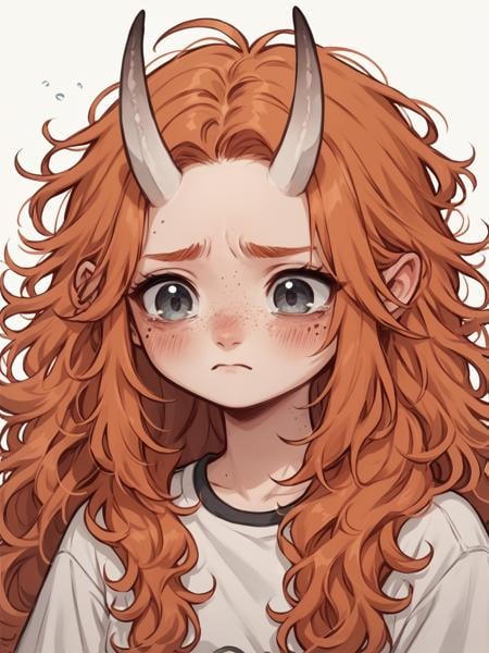 score_9, score_8_up, score_7_up, score_6_up, <lora:3m0t3XLP:1>3m0t3, ginger hair, blush, 1girl, freckles, grey eyes, long hair, Fr3ckles, <lora:Fr3ckledXLP:0.2> white background, horns, sad