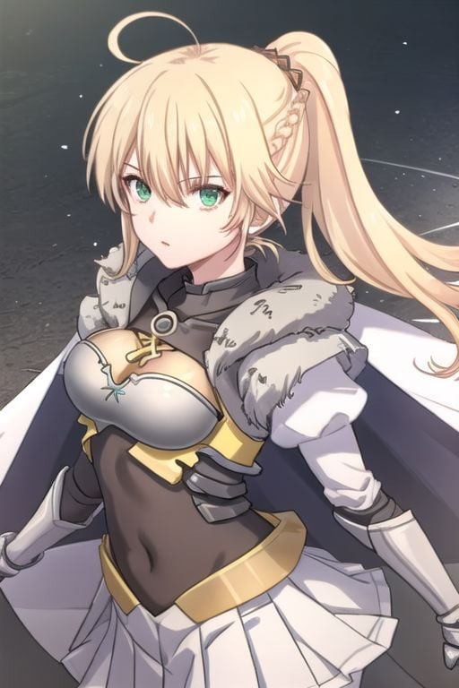 game lineart, game color, ReannaBrigantia, 1girl, green eyes, solo, blonde hair, ponytail, long hair, covered navel, white cape, ahoge, braid, pleated skirt, white skirt, hair between eyes, cleavage, medium breasts, fur-trimmed cape, armor, breastplate,, BREAK looking at viewer, arms down, BREAK indoors, castle, BREAK looking at viewer, (cowboy shot:1.5), (upper body:1.5), dynamic pose, BREAK <lyco:GoodHands-beta2:1>, (masterpiece:1.2), best quality, high resolution, unity 8k wallpaper, (illustration:0.8), (beautiful detailed eyes:1.6), extremely detailed face, perfect lighting, extremely detailed CG, (perfect hands, perfect anatomy),