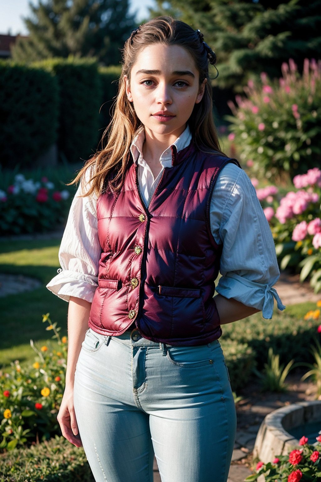 EmiliaClarke,a woman wearing quilted vest and skinny trousers, (garden:0.8), (chiaroscuro:0.5) <lora:EmiliaClarke:0.9>