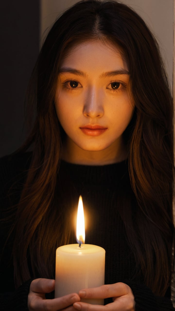 xxmix_girl,a woman with long hair and a black sweater is holding a candle in her hand and looking at the camera,