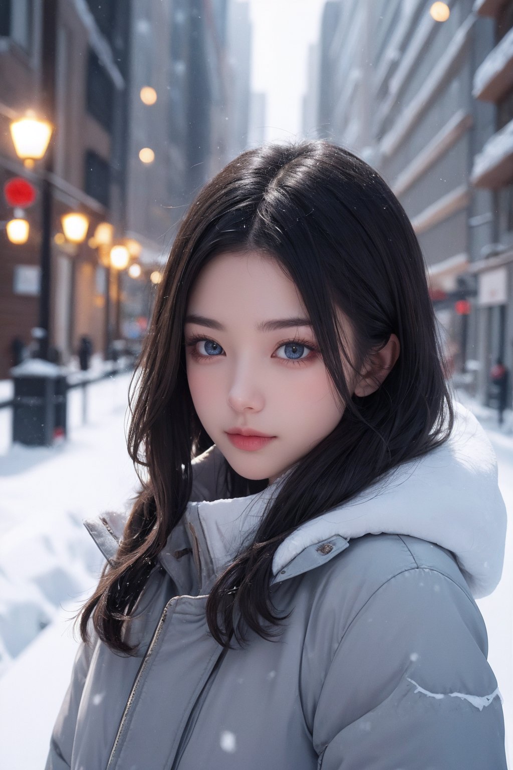 8k, ultra highres, real light and shadow, beautiful eyes, beautiful women, in the snow scene in winter, street