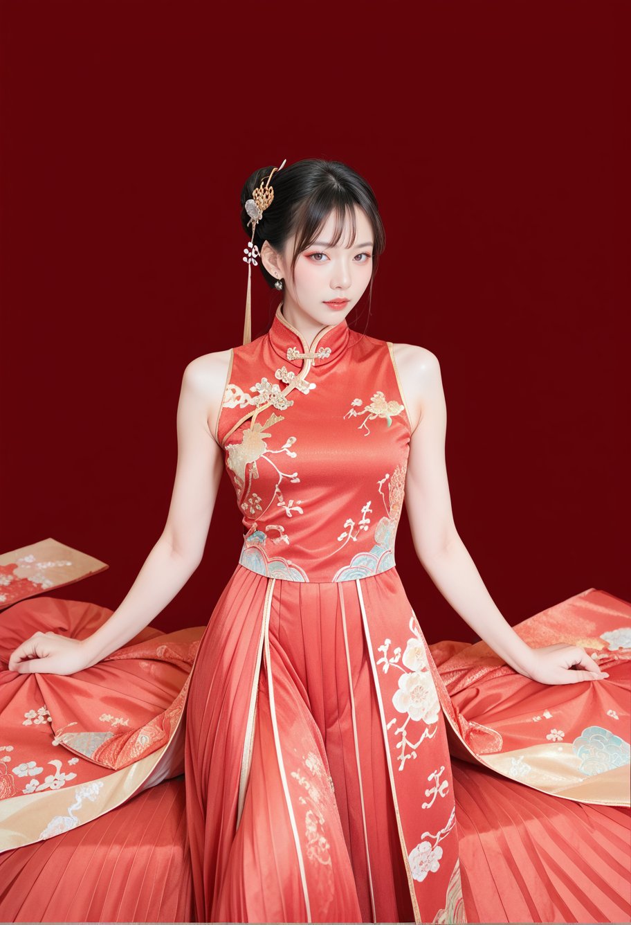 score_9,score_8_up,score_7_up,8k,red background,1girl,solo,,ruanyi0711,chinese clothes,red dress,long dress,<lora:0711 Chinese wedding dress_v1_pony:1>