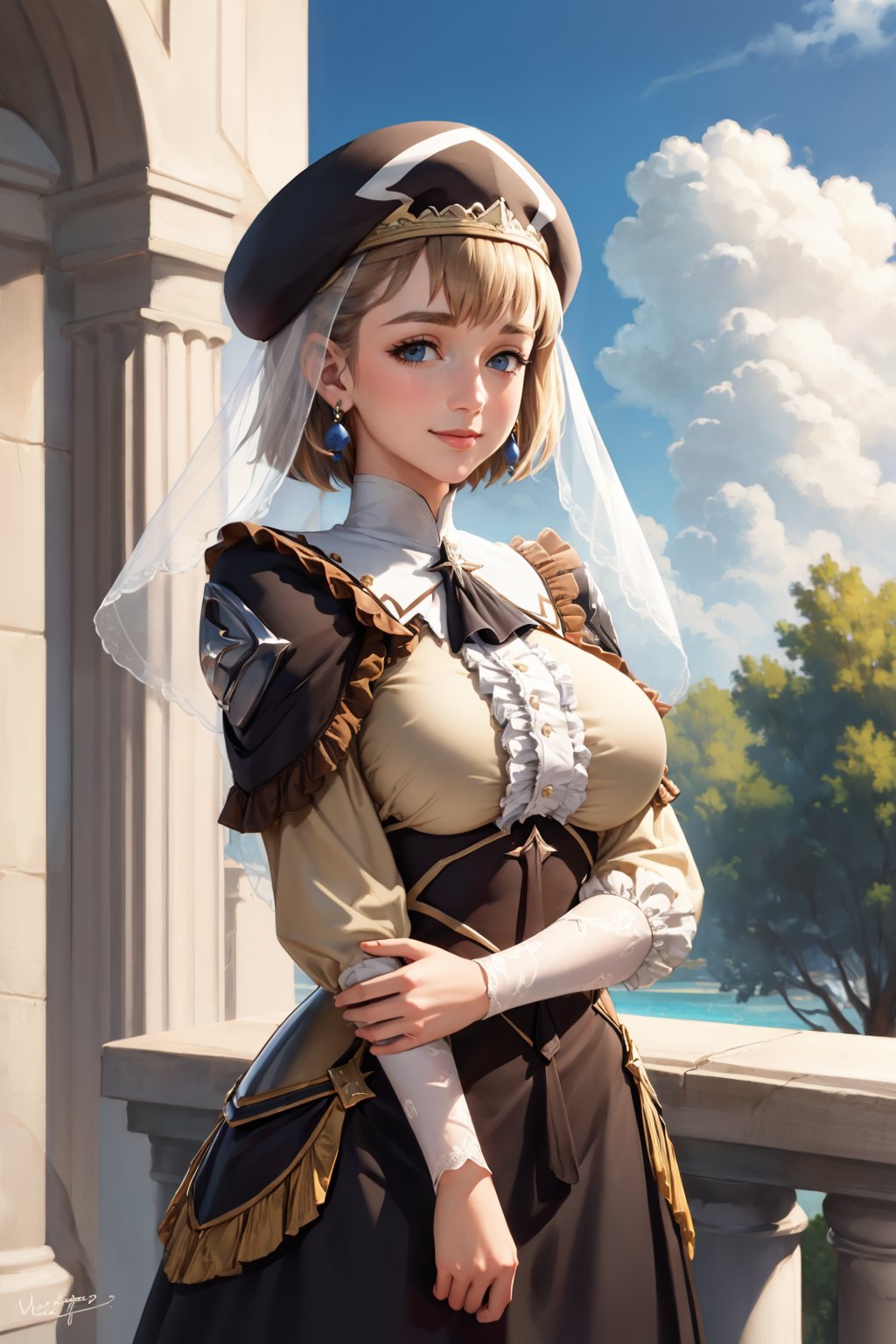 masterpiece, best quality, warMercedes, beret, veil, see-through, short hair, blue ascot, long frilled dress, large breasts, looking at viewer, smile, hand on own arm, outdoors, clouds, marble architecture, sky <lora:mercedes-nvwls-v2-000012:0.8> <lora:concept_handonownarm-11:1.2>