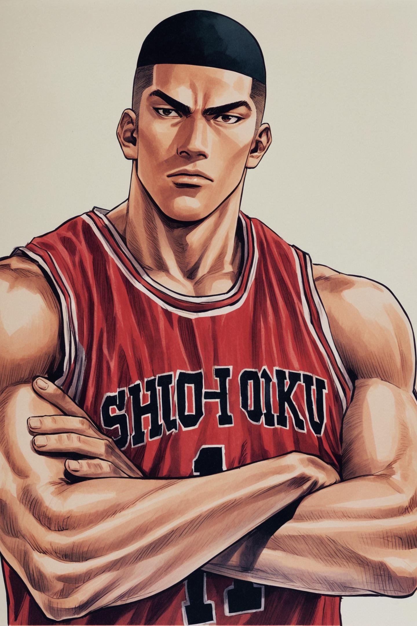 Akagi Takenori,1boy,male focus,solo,red basketball uniform,sportswear,crossed arms,muscular,simple background,traditional media,upper body,looking at viewer,basketball,bald,clothes writing,<lora:Inoue Takehiko_XL:0.8>,