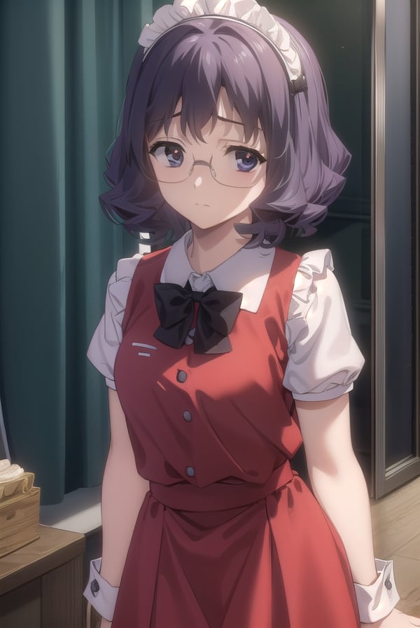 aiyamagata, <lora:ai yamagata-lora-nochekaiser:1>,ai yamagata, short hair, black hair, glasses, (black eyes:1.5),BREAK bow, ribbon, maid, maid headdress, waitress, skirt, red skirt, red dress, juliet sleeves, (black bow:1.2),BREAK indoors, cafe,BREAK looking at viewer, (cowboy shot:1.5),BREAK <lyco:GoodHands-beta2:1>, (masterpiece:1.2), best quality, high resolution, unity 8k wallpaper, (illustration:0.8), (beautiful detailed eyes:1.6), extremely detailed face, perfect lighting, extremely detailed CG, (perfect hands, perfect anatomy),