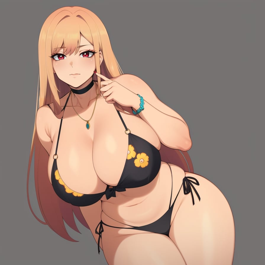 (masterpiece, best quality:1.3), Taigerarts, Soft Shading, 1girl, solo, looking at viewer, <lora:Taigerarts Style Lora:.8>, closed mouth, dynamic angle, bangs, Kitagawa Marin, blonde hair, long hair, multicolored hair, red eyes, jewelry, necklace, choker, black bikini, floral print, bracelet, side-tie bikini bottom, large breasts, mature female, thick thighs, wide hips, collarbone, cleavage, <lora:kitagawa_marin_v1-1:.8>