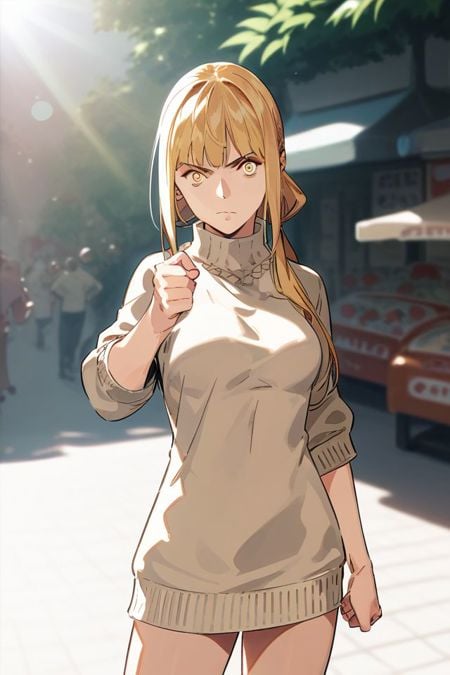 score_9, score_8_up, score_7_up, 1girl, looking at viewer, palm-fist greeting, lonely, golden hair, bangs, straight-across fringe, jade eyes, medium breasts, cream sweater dress, god rays, market stall, vanishing point <lora:pako_(pakosun)_PonyXL_style_v01:1>