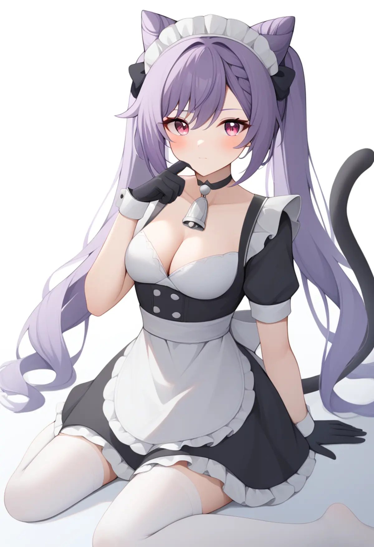 score_9,score_8_up,score_7_up,<lora:wariza_pony:1>,1girl,keqing_\(genshin_impact\),maid_headdress,solo,blush,cone_hair_bun,long_hair,purple_hair,twintails,medium_breasts,cleavage,enmaided,zettai_ryouiki,highres,black_choker,black_dress,black_gloves,cat_tail,closed_mouth,double_bun,frilled_dress,hair_between_eyes,looking_at_viewer,neck_bell,pink_eyes,simple_background,wariza,white_background,white_thighhighs,