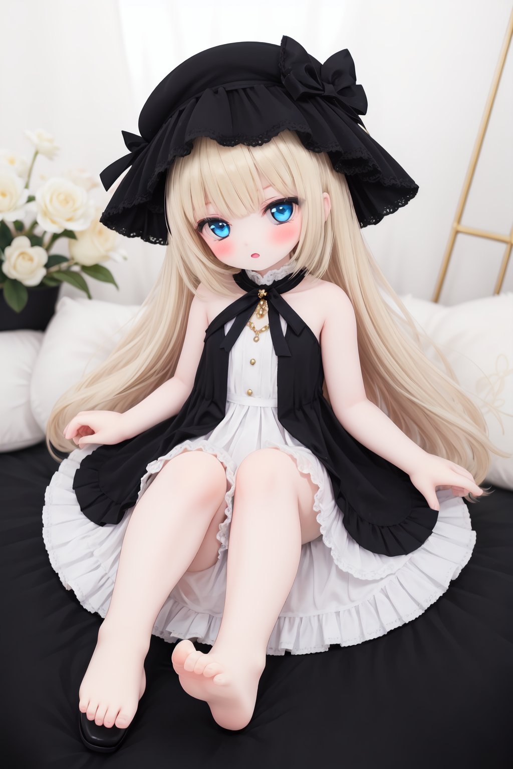 1girl,abigail_williams_\(fate\),bangs,barefoot,black_bow,black_dress,black_footwear,black_headwear,blonde_hair,bloomers,blue_eyes,blush,bow,bug,butterfly,dress,forehead,hair_bow,hat,long_hair,<lora:doll-v1:0.5>,