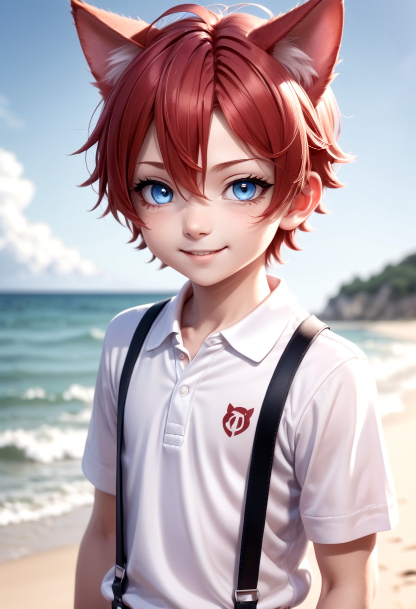 (1boy:1.2), beach, smile, ( crimson cat ears:1.4), (red ears), male face, male body, more details in eyes, (very short hair:1.2), hair between eyes, cute, adorable boy, cute face, detailed face, handsome, young, juvenile, white skin, eyeshadow, crew cut, crimson hair, details sky, looking at viewer, blush, blue eyes, full shot, red suspenders, (pants), (white polo shirt), aki,(masterpiece:1.2), best quality, high resolution, unity 8k wallpaper, (illustration:0.8), (beautiful detailed eyes:1.6), extremely detailed face, perfect lighting, extremely detailed CG, (perfect anatomy),