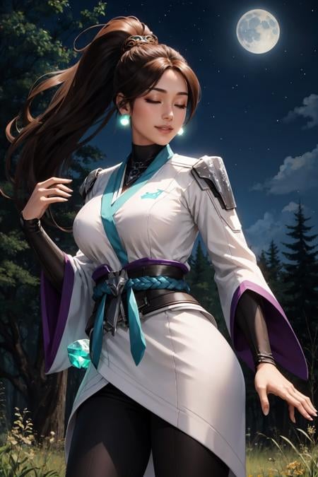 masterpiece, best quality, 1girl,  <lora:valorantsage-nvwls-v1-000009:0.9> valorantSage, ponytail, earrings, white robes, bridal gauntlets, sash, black pants, large breasts, closed eyes, smile, forest, night sky