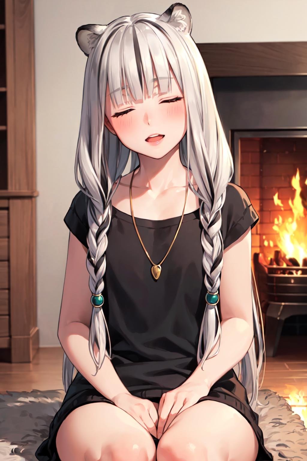 ((masterpiece)), (best quality), (ultra-detailed), photorealistic, (best illustration), ((an extremely delicate and beautiful)), 1girl, solo, long hair, tiger ears, white hair, two-tone hair, upper body, facing viewer, sweater, ribbed sweater, sitting, closed eyes, short sleeves, indoors, low twin braids, twin braids, hair ornament, blush, <lora:atla_nai_4:0.6:lbw=OUTD> head tilt, fireplace, fire, upper teeth, flat chest, young, aged down, happy, collarbone, necklace,