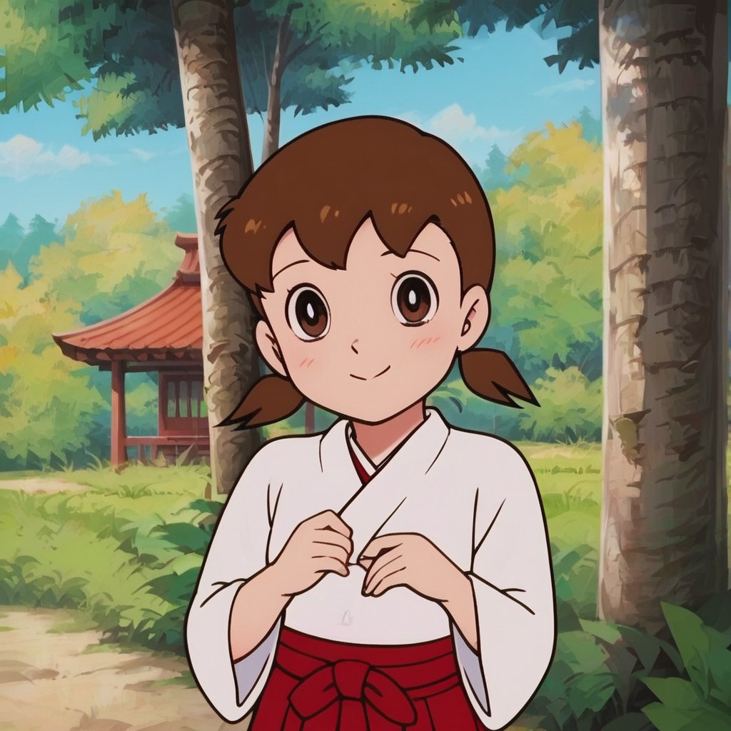 score_9, score_8_up, score_7_up, score_6_up, score_5_up, score_4_up, source_anime,minamoto shizuka,1girl, solo, japanese clothes, brown hair,miko, brown eyes, smile, twintails, outdoors, hakama, looking at viewer, skirt, short hair, day, short twintails, hakama skirt, tree, red hakama, long sleeves,masterpiece, perfect face, best quality, beautiful girl, cute girl, beautiful eyes, shiny eyes, anime coloring, anime screencap, absurdres, outdoors,<lora:minamoto shizuka WAI 919:0.8>