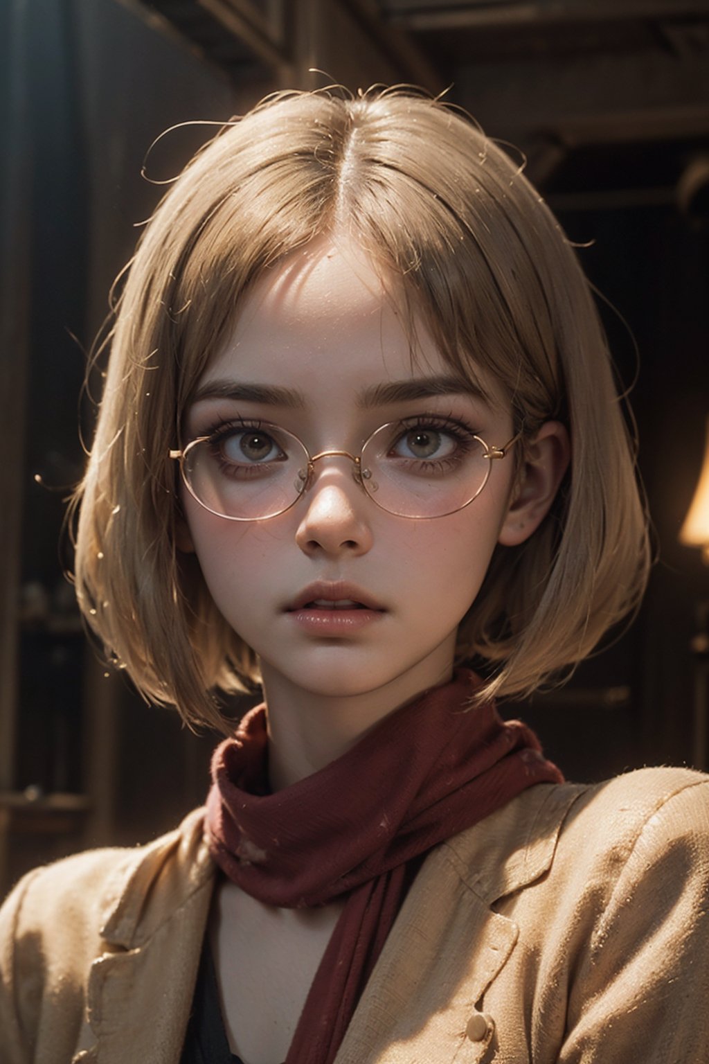 ( detailed realistic background:1), ( official art, beautiful and aesthetic:1 ), realistic lighting, cinematic lighting, hyperrealism, Poor lighting, sharp, artistic photoshoot, (cute, petite), slender, pale cheeks, square face shape with angular jaw, natural, natural makeup, eyeliner, pink lips, upper body, close-up, (elaborate atmosphere:1.4), ((looking at viewer)), (golden glasses), brown jacket, pale blonde hair, bob cut, scarf, red t-shirt, (abandoned building), low-key lighting, 50mm lens, shallow depth of field, ((cinematic look)), (blurry background:0.6), sharp focus,