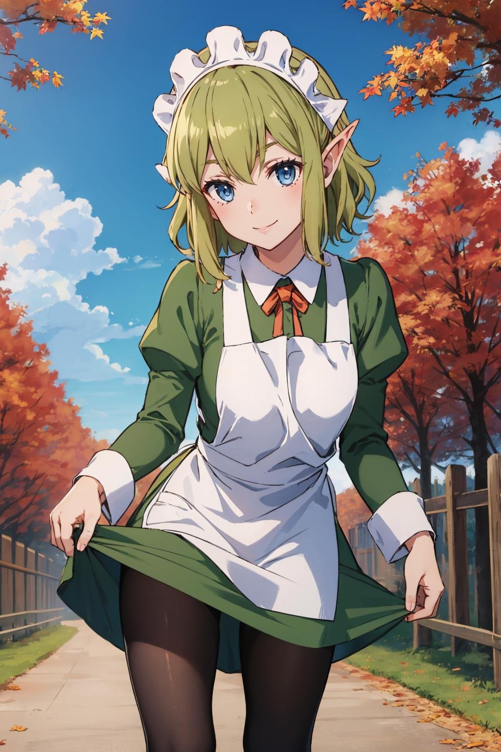 masterpiece, best quality, <lora:ryuulion-nvwls-v1-000008:0.9> ryuu, maid headdress, green dress, long sleeves, white apron, pantyhose, village, autumn, looking at viewer, skirt hold, leaning forward, blue sky, smile