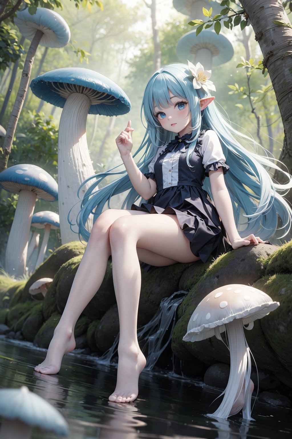 (masterpiece),(best quality),(ultra-detailed),illustration,Dynamic angle,1girl,long hair,blue eyes,solo,sitting,(mushroom:1.2),white hair,flower,(blue jellyfish:1.2),looking at viewer,bangs,hair ornament,dress,forest,tree,water,hair flower,pointy ears,very long hair,sandals,full body,short sleeve,