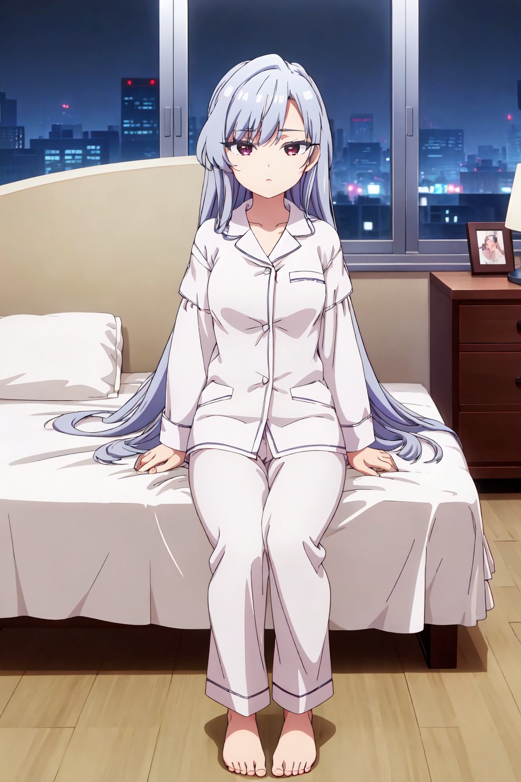 NanoEiai, 4k, absurd, high resolution, very high resolution, high definition, masterpiece, 1 girl,long hair, alone, silver hair, locks, reddish brown eyes, pajamas, room, bed<lora:EMS-392397-EMS:0.700000>