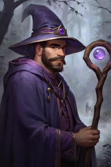 score_9, score_8_up, score_7_up, 1boy, solo, male focus, mature male, wizard, long hair, brown hair, black eyes, looking at viewer, hat, facial hair, beard, mustache, staff, wizard hat, purple hat, robe, purple robe, cloak, holding, holding staff, upper body, standong, outdoors,  forest, nature, tree, fog, dark background <lora:Oil Painting Sharp Style LoRA_Pony XL v6:1>