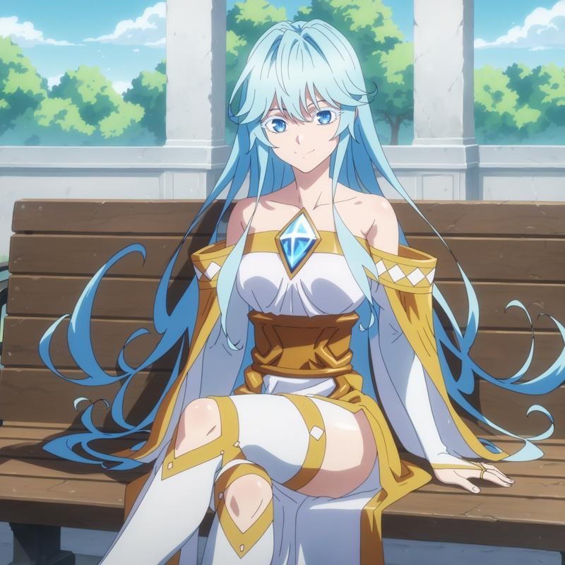 score_9, score_8_up, score_7_up, score_6_up, score_5_up, score_4_up, anime screencapBREAKelfaria_olis, 1girl, solo, light blue hair, long hair, colored eyelashes, blue eyes, chest jewel, off-shoulder dress, yellow sash, side cape, bridal gauntlets, pelvic curtain, white thighhighs, looking at viewer, smile, closed mouth, sitting, crossed legs, on benchBREAKwind, wind lift, bench<lora:elfaria_Wistoria_ponyxl_v1_char:1> <lora:elfaria_Wistoria_ponyxl_v1_style:1>