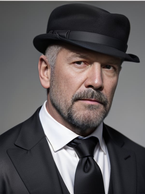 1boy, bald, beard, black jacket, black necktie, blurry background, facial hair, formal, greyscale, hat, jacket, looking at viewer, male focus, mustache, necktie, old, old man, seanconnery, solo, suit, upper body,<lora:SD1.5_Dadbear.V2:0.7>,