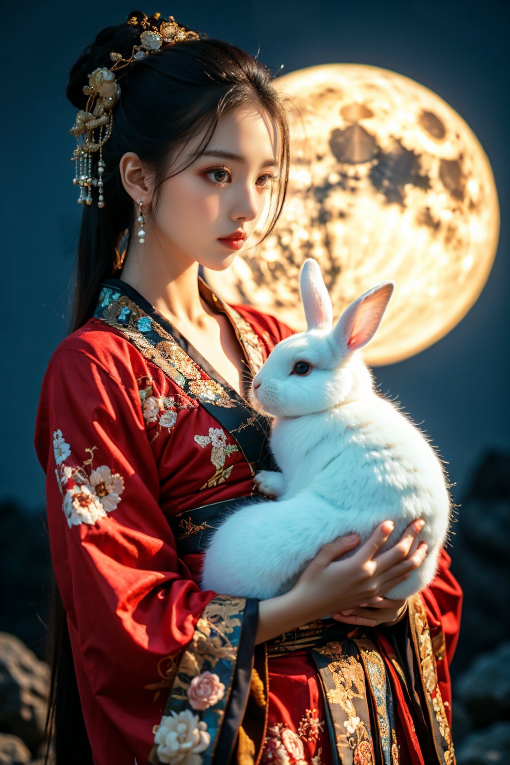 cka01,1girl,rabbit,moon,jewelry,holding animal,hanfu,earrings,hair ornament,night,full moon,chinese clothes,black hair,long sleeves,upper body,solo,makeup,night sky,blurry,flower,sky,red dress,wide sleeves,blurry background,floral print,hair flower,looking down,<lora:cy01:0.8>,, best quality, ultra-detailed, masterpiece, finely detail, highres, 8k wallpaper