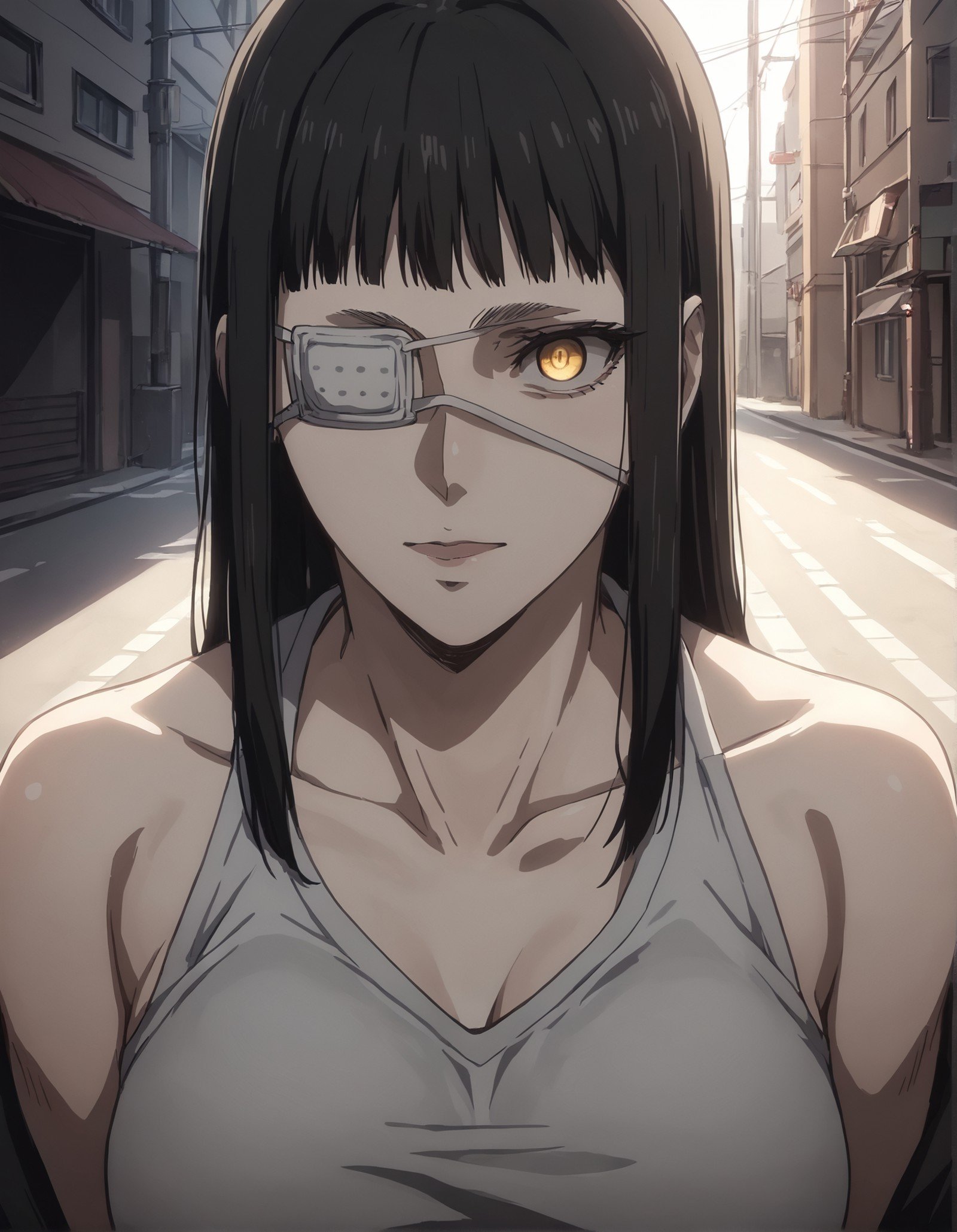 score_9, score_8_up, score_7_up,score_6_up,high resolution,source_anime,s0fiavalm3t,1girl,eyepatch,black hair,long hair,,in street,volumetric lighting,rim lighting,dof,dramatic shadow,close-up,dynamic pose,looking at viewer,pov,sitting