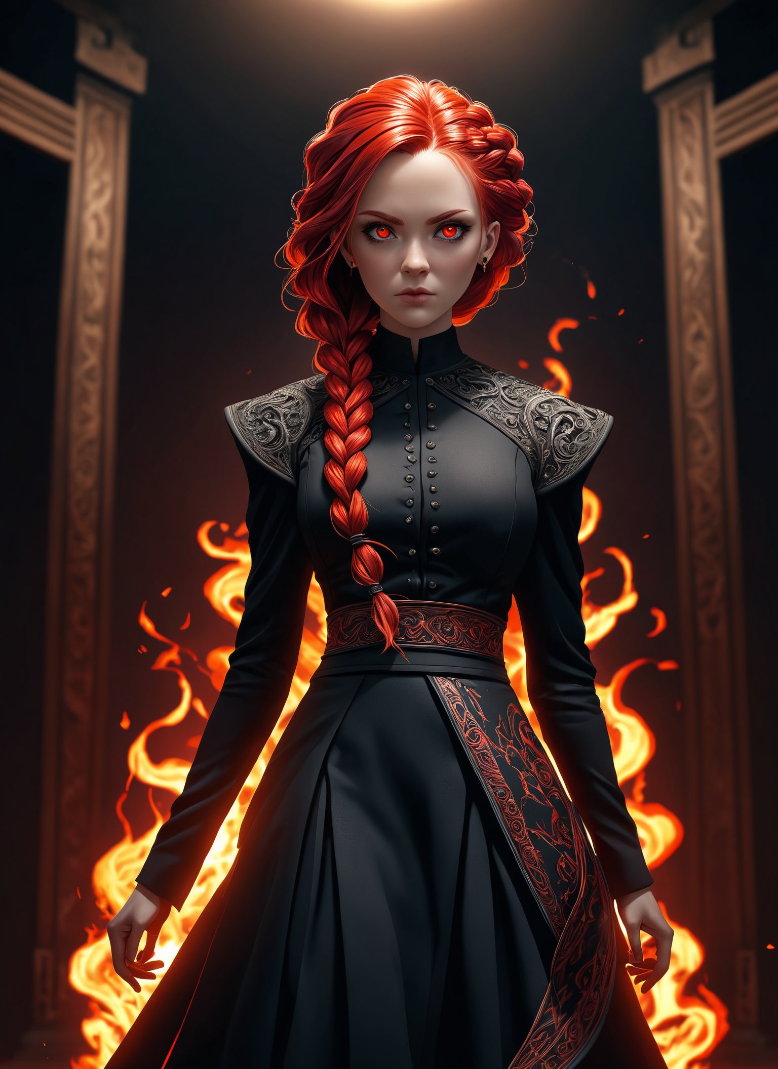 Wide angle medium format photorealistic highly detailed 8k photography, (Makima standing confidently:1.3), Dynamic composition, Intense gaze, Intricate hair braid, (Fiery red hair:1.2), Piercing eyes, Tailored black attire, (Professional stance:1.2), Soft lighting, Detailed clothing folds